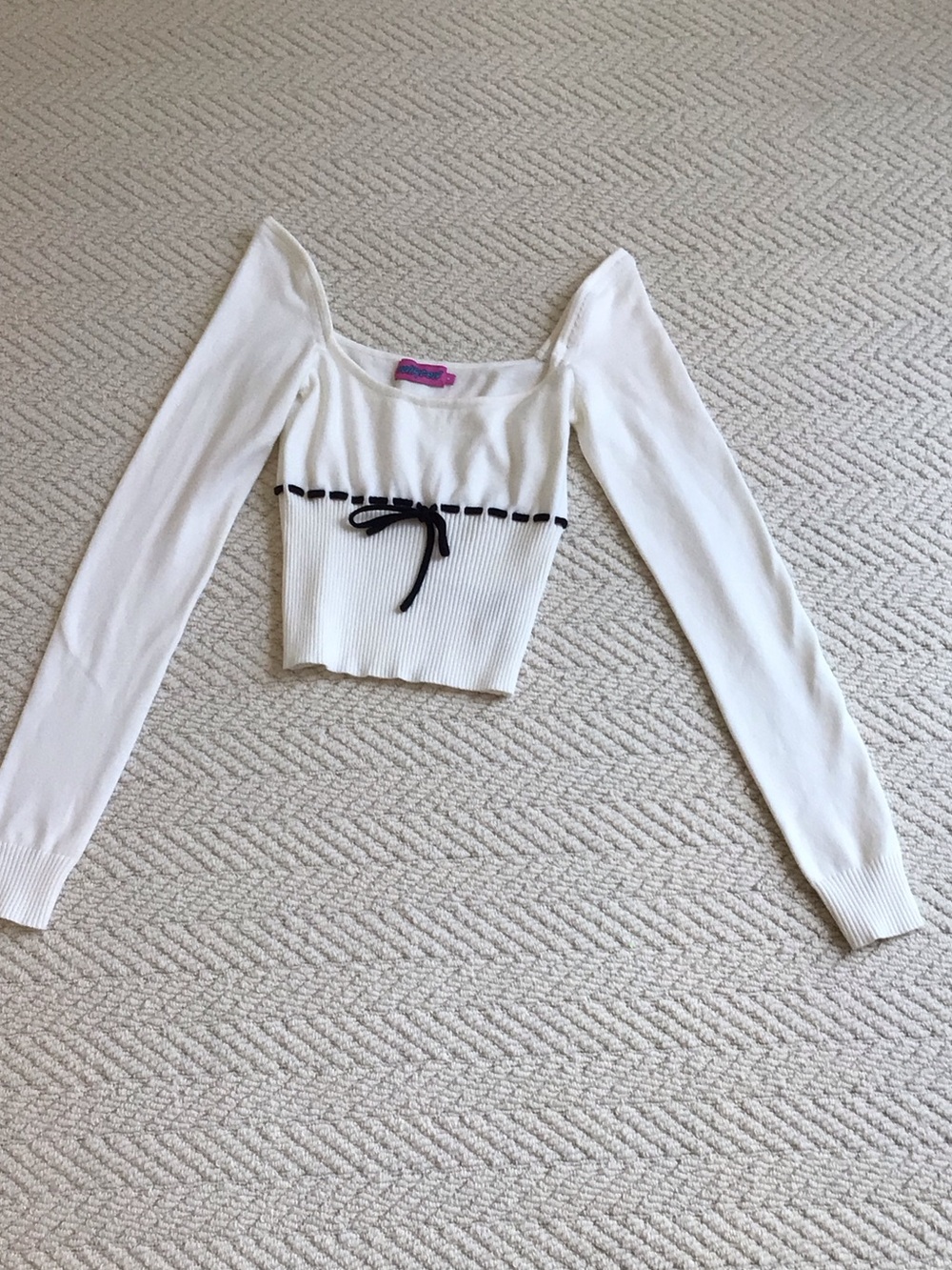 Edikted White Ribbed Long Sleeve Square Neck Top with Black Bow